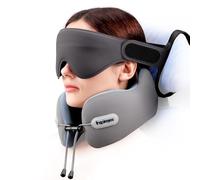 Inspireyes, cuscino per il collo da viaggio con cinturino per sedile, maschera da sonno 3D, supporto doppio per collo e testa, cuscino aereo in schiuma altamente supportivo per volo lungo, essenziale