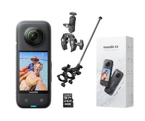 Insta360 X3 - Action Camera da motociclista a 360 gradi, include supporto per manubrio di bici in terza persona + scheda di memoria Micro SDHC da 64 GB