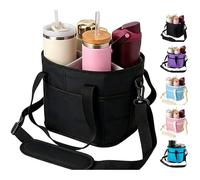 Insulated 4 Compartment Drink Bag, Family Size No-Spill Car Cup Holder Bag Portable Drink Carrier with Adjustable Strap Foldable Design(Black)