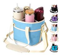 Insulated 4 Compartment Drink Bag, Family Size No-Spill Car Cup Holder Bag Portable Drink Carrier with Adjustable Strap Foldable Design(Blue White)