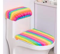 Insun Coprisedile per WC e Rivestimento Copri Serbatoio in Peluche, Elastica Lavabile Set di 2 per WC Universale Strisce Arcobaleno 2