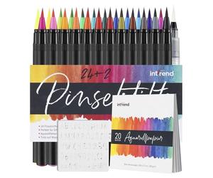 int!rend Pennarelli Acquerellabili - 24 Brush Pen Lettering - Set Pennarelli ad Acqua con Punta a Pennello - Include 2 Pennelli ad Acqua 20 fogli 5 Stencil Astuccio - Kit Colori Punta Morbida