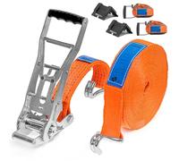 INTAKO Cinghia di Ancoraggio con Cricchetto Lungo - 8m x 5000kg x 50mm - Set di 2 Cinghie di Fissaggio Professionali e 2 Angolari di Protezione per Camion ERGO (10m)