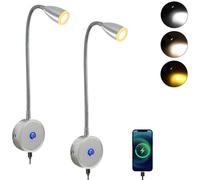 Intckwan Lampada da lettura a LED 12 V, 3 temperature di colore, 3 W, dimmerabile, collo di cigno flessibile, DC12-24 V, per auto, camion, camper, campeggio, barca (2 pezzi)