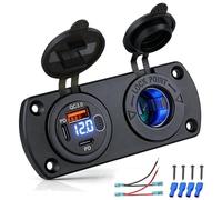 Intckwan Presa 12V 2-in-1 per Camper Barca Auto, 2x PD 3.0 30W+36W & 1x QC 3.0 18W, con Voltmetro LED Blu & Interruttore, IP65 Impermeabile, Presa Accendini 150W