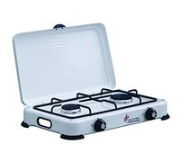 INTEC - Fornello a gas con 2 luci da 3200 W, bruciatori in ghisa rimovibili. Piastra di cottura mobile con coperchio protettivo. Compatibile con gas butano/propano per campeggio e giardino.