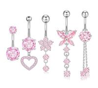 InteDesign Set di 5 piercing per ombelico in argento, ipoallergenici, 14 g, a forma di cuore, per donne e ragazze, collezione di piercing per ombelico, Refer to the second image, Acciaio inossidabile