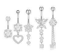 InteDesign Set di 5 piercing per ombelico in argento, ipoallergenici, 14 g, a forma di cuore, per donne e ragazze, collezione di piercing per ombelico, Refer to the second image, Acciaio inossidabile