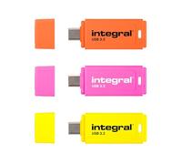 Integral Confezione da 3 unità flash USB 3.2 Gen 1 da 128 GB, tipo C/USB 3.1/3.0, giallo fosforescente/arancione/rosa, lettura 150 MB/s, scrittura 30 MB/s, plug-and-play, archiviazione portatile per