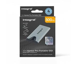Integral SlimXpress Pro - Hard disk esterno SSD portatile da 500 GB: USB-C, 2000 MB/s in lettura/scrittura, USB 3.2 Gen 2x2, design compatto, Plug & Play, compatibile con Mac, PC Windows, Android
