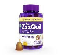 Integratore per il sonno ZzzQuil NATURA gusto MANGO & BANANA: 60 pastiglie gommose a base di melatonina con camomilla, valeriana e lavanda.