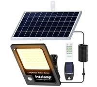 INTELAMP Fari Led da Esterno con Grande Panello Solare Luce Calda, 3000K,12000mAh Batteria di Grande Capacità IP65,Faro Led Esterno con Pannello Solare con telecomando per esterno e giardino