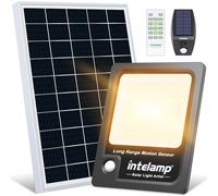 INTELAMP Faro Led Esterno Con Pannello Solare Luce Calda, 12000mAh Fari Solari a Led da Esterno IP65 Impermeabile Lampione Solare Esterno con Telecomando e Sensore,Funzione timer (Nero - 3000K)
