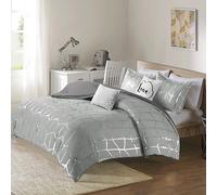 Intelligent design Cozy Raina Comforter set - 5 PC - grigio - Glam argento metallizzato stampa geometrica su grigio - anallergico in microfibra spazzolato - Full/Queen - 1 piumone, 2 federe, 2 cuscini