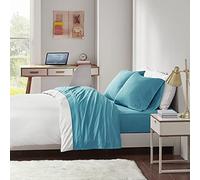 Intelligent Design Set di lenzuola per letto queen size in jersey misto cotone, lenzuolo in cotone a coste, verde acqua, 4 pezzi, include lenzuolo piano, lenzuolo con angoli e 2 federe