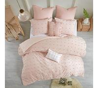 Intelligent Design Urban Habitat Brooklyn,Set copripiumino in 100% cotone jacquard, accento ciuffi, cuscini ricamati, biancheria da letto intera/queen rosa, 7 pezzi