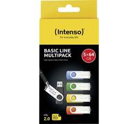 Intenso Basic Line 5X 64GB Chiavette USB 2.0 con pratiche etichette per etichettatura, giallo, verde, nero, blu e arancione, con staffa in metallo argentato
