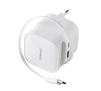 Intenso Power Adapter W65ACIC - Caricatore USB-C GaN da 65 W con cavo estraibile + connettore USB-C e USB-A, PD & PPS, compatto per smartphone e laptop, alimentatore di ricarica rapida, bianco