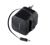 Intenso Power Adapter W65ACIC - Caricatore USB-C GaN da 65 W con cavo estraibile + connettore USB-C e USB-A, PD & PPS, compatto per smartphone e laptop, alimentatore di ricarica rapida, nero