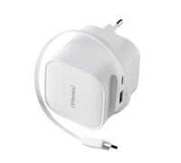 Intenso Power Adapter W65ACIC - Caricatore USB-C GaN da 65 W con cavo estraibile + connettore USB-C e USB-A, PD & PPS, compatto per smartphone e laptop, alimentatore di ricarica rapida, bianco