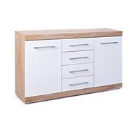 Inter Link Comò Buffet Credenza Bassa Pannelli di Truciolato Decoro Sonoma Rovere, Bianco Lucido