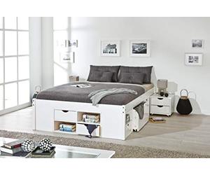 Inter Link Letto funzionale letto con contenitore letto con cassetti pino massiccio per adulti, bambini, adolescenti letto matrimoniale con 2 molle insacchettate verniciato bianco Till 140 x 190 cm