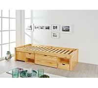 Inter Link Letto singolo Multifunzione Letto con contenitore Letto funzionale Con comodino 3 cassetti 2 nicchie Legno massiccio Con base Naturale Claas 90 x 200 cm