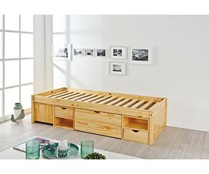 Inter Link Letto singolo Multifunzione Letto con contenitore Letto funzionale Con comodino 3 cassetti 2 nicchie Legno massiccio Con base Naturale Claas 90 x 200 cm