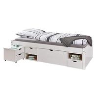 Inter Link - Letto singolo - Multifunzione - Letto funzionale con contenitore - Con comodino - 3 cassetti - 2 nicchie - Legno massiccio - Con base - Verniciato bianco - Till 90 x 200 cm