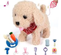 Interactive Plush Puppy Toy with Remote Control - Electronic Stuffed Animal Dog can Walks, Barks & Wags Tail, 10 Pcs Pet Care Playset, Realistic and Fun for 3-6-Year-Old Kids (Golden)