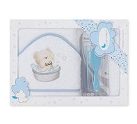 Interbaby Asciugamano con cappuccio per neonato TENDEDERO OSO in bianco e blu con Set de Spazzola e Pettine - 900 g