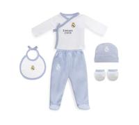 Interbaby - Set regalo Real Madrid da 5 pezzi - Primo equipaggiamento per neonati - Composto da cappello, camicia, pagliaccetto, guanti e bavaglini. Età 0-6 mesi. Blu