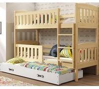 Interbeds Letto a castello QUBA a 3 posti in legno massello di pino, sponda di sicurezza, rete, cassetto, bambino e adulto, separabile in 2 letti, 3 posti (pino, 90x190)
