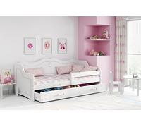 Interbeds Letto per bambini, letto per ragazze, 80x160 cm, rosa e bianco, con protezione anticaduta e cassetto, divano per bambini, divano con rete a doghe, letto trasformabile