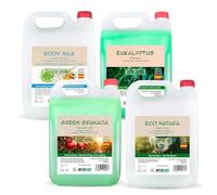 Intercabo - Set 4 x 5 L: Body Milk con Aloe e Olio di Mandorla + Shampoo all’Eucalipto + Gel Doccia al Melograno + Sapone Mani Eco Natura • Ricariche Professionali per Dispenser