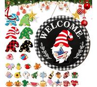 Interchangeable Door Decor - GNOME Welcome Sign, Interchangeable GNOME Welcome Sign, Seasonal Wooden Front Door Decor with Magnet Pieces & Detachable Hats | Holiday Decoration for Wall, Garden