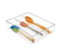 iDesign Organizer per cassetti profondi con 3 scomparti, grande inserto in plastica per cassetti da cucina, pratico organizer per accessori da cucina, utensili e posate, trasparente, 26,7 x 7,6 x 35 cm