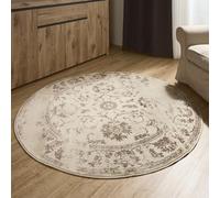 Interiyou Tappeto Vintage Suzuka a pelo corto - 160x160 cm Rotondo Crema/Marrone - Motivo orientale per salotto, sala pranzo, camera da letto