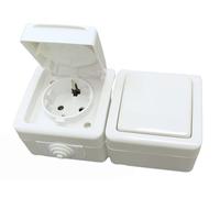 Interruttore 10A 250V + Base Schuko 16A 250V di superficie esterna IP54 Bianco Ideale per installazioni in ambienti umidi.