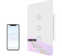 Interruttore a Parete Matter con Pannello in Vetro, Interruttore Touch Screen Bianco, Telecomando Wireless, Funzione di Temporizzazione, Compatibile con HomeKit, Alexa (3 gang, Bianco)