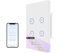 Interruttore a Parete Matter con Pannello in Vetro, Interruttore Touch Screen Bianco, Telecomando Wireless, Funzione di Temporizzazione, Compatibile con HomeKit, Alexa (4 gang, Bianco)