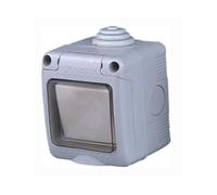Interruttore a tenuta stagna di superficie 16 A/250 V IP55 con coperchio in plastica, protezione da acqua e polvere, ideale per ambienti esterni e umidi.