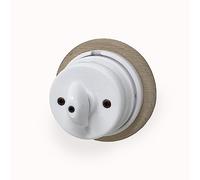 Interruttore/Deviatore in Porcellana Bianca con Comando Napoleone con Base in Legno naturale diametro 100mm, Facile Installazione - Design Vintage per Impianti Elettrici a Vista