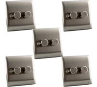 Interruttore dimmer LED a 2 bande - Cromo spazzolato Slim Edge - 2 - 100 W LED / 10 - 250 W alogena - Rotary o Push On/Off - Piastra da parete in acciaio inox - Design moderno piatto (confezione da 5)
