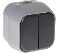 Interruttore doppio Bert IP54 grigio, ideale per esterni. Dimensioni compatte di 7 x 7 x 5 cm, offre elevata resistenza e protezione da polvere e umidità. Perfetto per la tua casa.