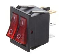 Interruttore doppio ON-OFF a bilanciere, tasto rosso luminoso, unipolare SPST, 2 posizioni, rettangolare, autobloccante, montaggio a pannello, foro 31x25mm, portata 220V 230V 16A, contatti 6,35mm