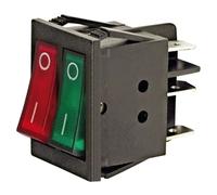 Interruttore doppio ON-OFF a bilanciere, tasto rosso/verde luminoso, unipolare SPST, 2 posizioni, rettangolare, montaggio a pannello a scatto, foro 31x25mm, portata 220V 230V 16A, contatti 6,35mm
