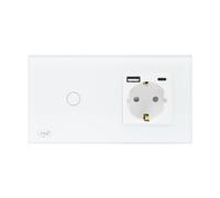 Interruttore in vetro singolo PNI SH115W con funzione touch, combinato con prese Schuko e connettori USB