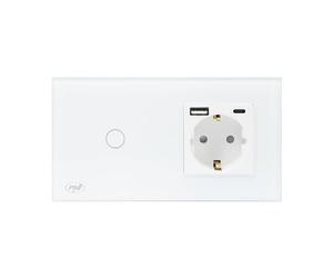 Interruttore in vetro singolo PNI SH115W con funzione touch, combinato con prese Schuko e connettori USB