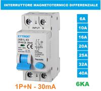 INTERRUTTORE MAGNETOTERMICO DIFFERENZIALE 6A 10A 16A 25A 32A 40A 1P+N 30MA 6KA